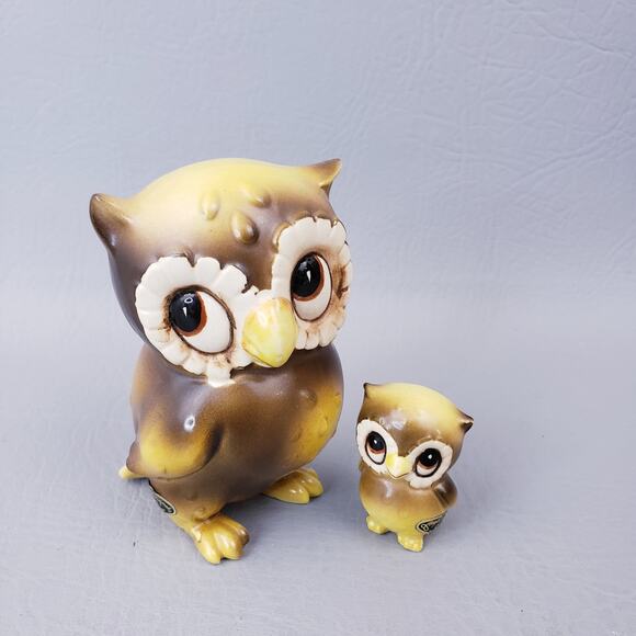 Adorable JOSEF ORIGINALS Yellow Brown Mother & Baby Owl Set with Big Eyes Japan - Picture 1 of 10